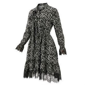 Gold Hawk Silk Houndstooth Green Gray White Tie Neck Lace Trim Belted Dress S